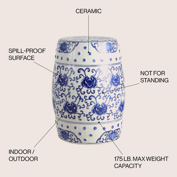 Lotus Flower 17.8" Chinoiserie Ceramic Drum Garden Stool - JONATHAN Y